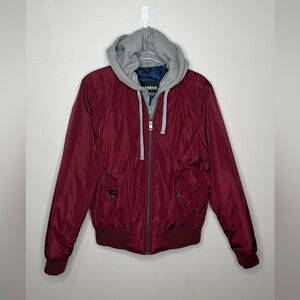 Express - Men’s Wine/Burgundy Bomber Jacket Coat Zip Up Gray Hood Small